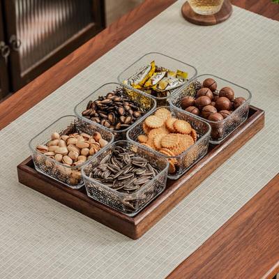 Walnut Wood & Hammered Glass Divided Snack Tray