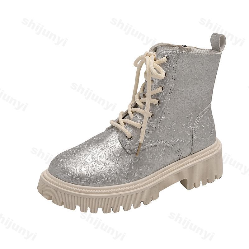 

Chunky Heels Lace Up Short Boots Women Winter Fashion Designer Ankle Boots Woman Platform Non-Slip Leather Ankle Botas De Mujer 42 срібний