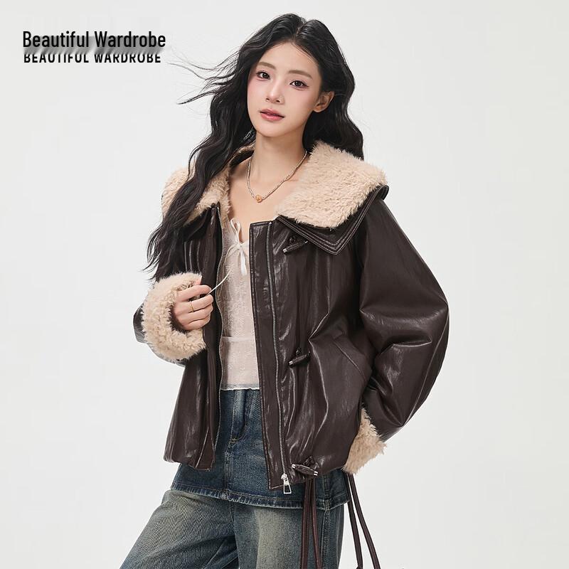 SCHÖNES KLEIDUNGSTÜCK Damen Kunstpelzkragen Gespleißte Lederjacke