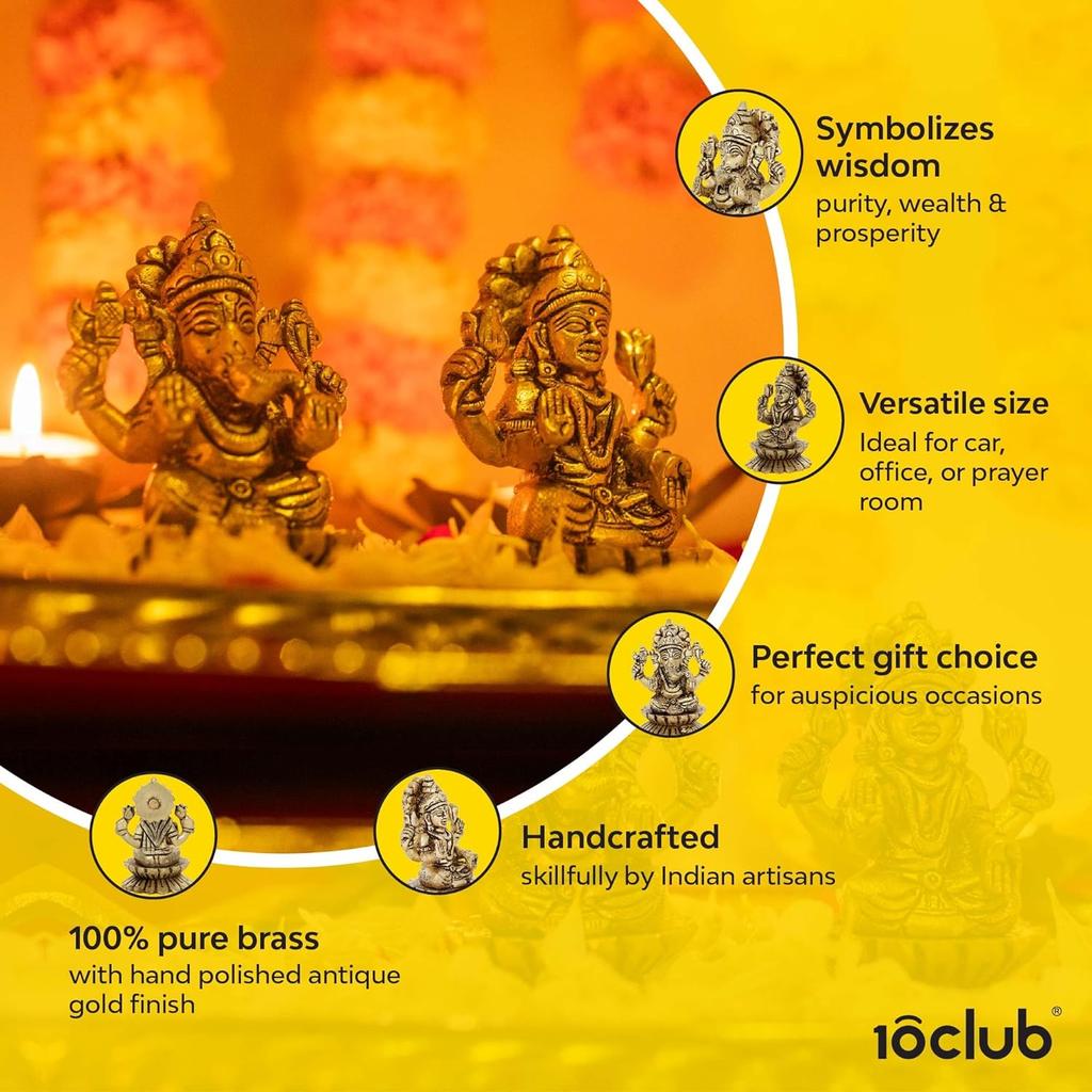 100% Pure Brass Kamal Ganesh & Lakshmi Idol Combo, Lakshmi Sitting On Lotus