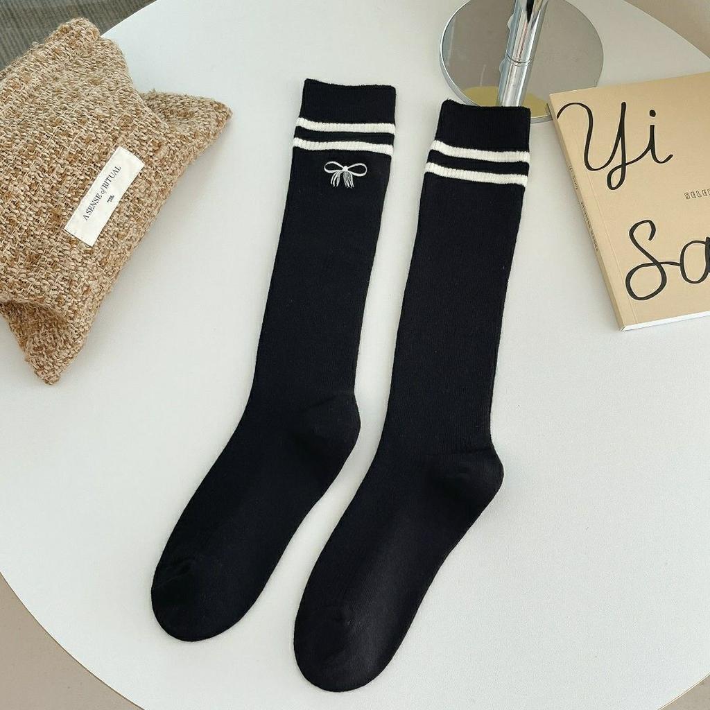 JK Academy Bowknot Calf Socks | Micro-Compression Slimming Double-Stripe Embroidery Ladies' Knee-High Slouch Socks - Simple Style