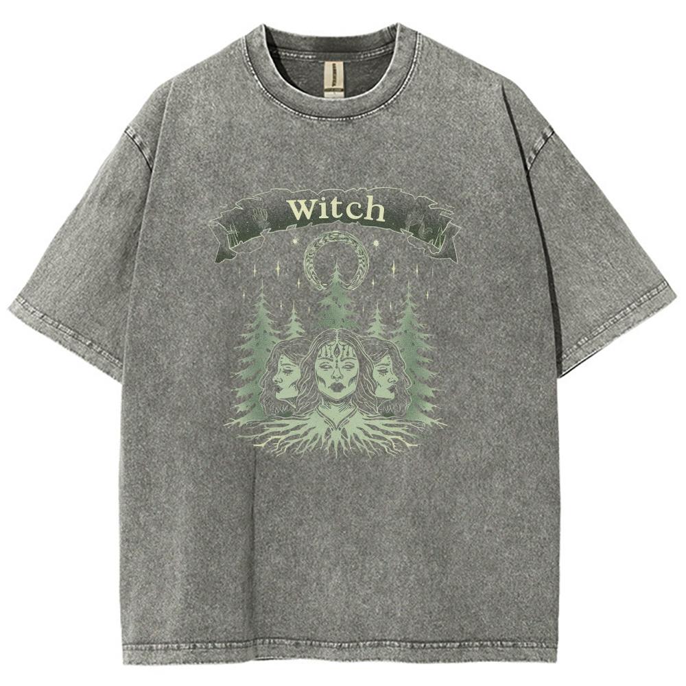 Vintage Style Three Witch Print Women's T-Shirt Oversized Washed Tees Summer Selling Unisex Niche Design Short Sleeve