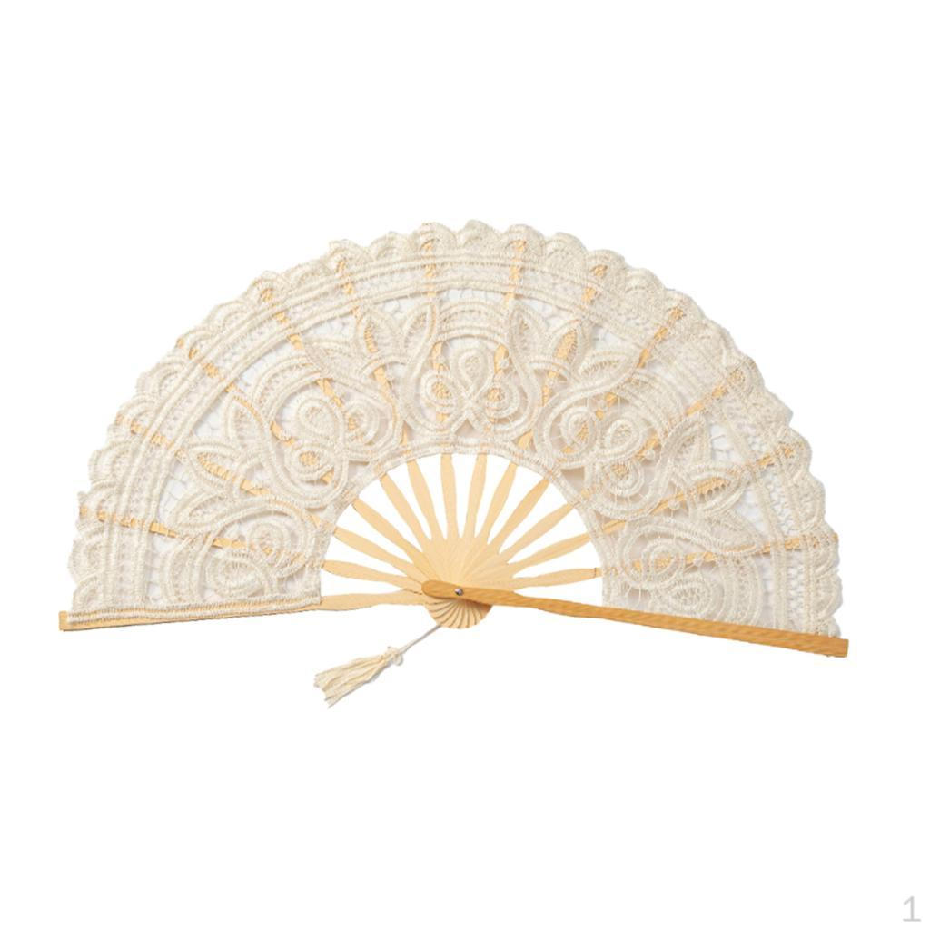 

Chinese Spanish Hollow Lace Folding Hand Held Dance Wooden Fan Wedding Prom Handmade Decoration бежевий