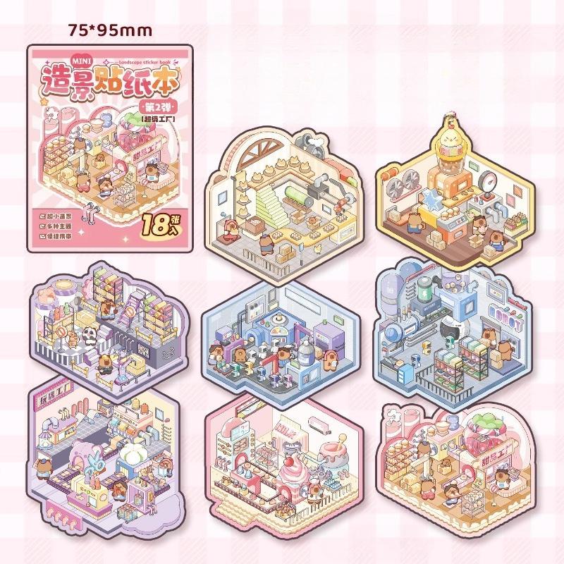 8set Mini Micro Anime Scene Sticker DIY Decor Handmade Cute Cartoon Animal Room Layout Decal Scrapbook Journal Sticker Kids Gift