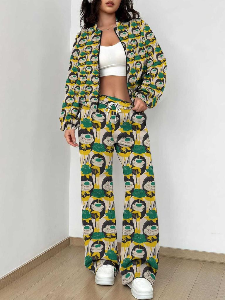 Casual Fashion Autumn and Winter New European and American Women's Clothing Color Flower Printing Suit Women
