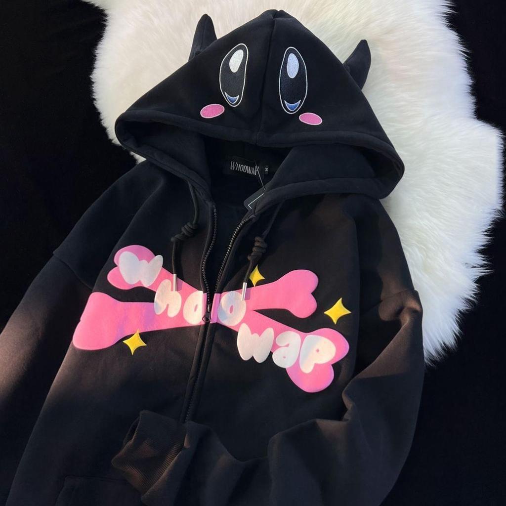 Autumn/Winter Kawaii Cartoon Hooded Fleece-Lined Letter Sweatshirt Jacket for Men/Women