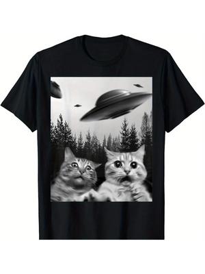 NUOVA MIGLIORE DA ACQUISTARE Stampa Donna Manica Corta Divertente Duo Gatti Selfie con UFO Regalo Amante dei Gatti T-Shirt Abbigliamento Kawaii