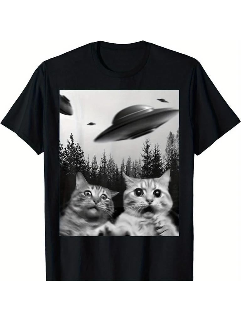 NEW BEST TO BUY Print Women Short Sleeve Funny Duo Cats Selfie with UFOs Cat Lover Gift T-Shirt Kawaii Clothes