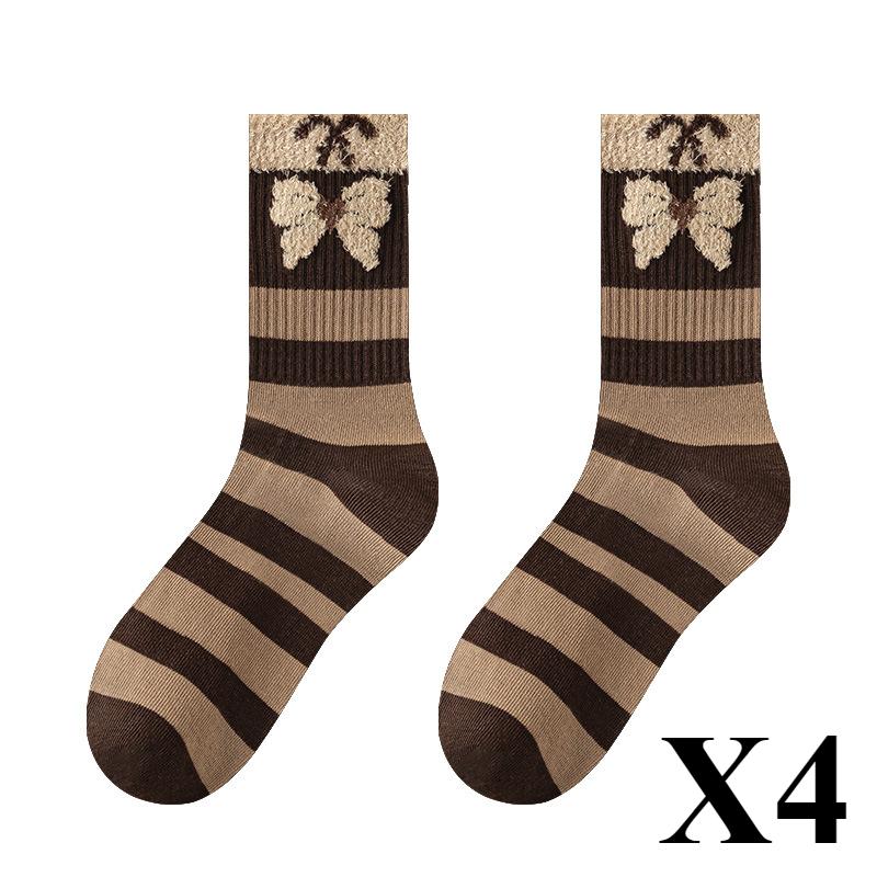 4 Pairs Autumn and Winter New Brown Maillard Socks Women's Light Luxury Style Ins Trendy Socks Love Bear Warm Raw Edge