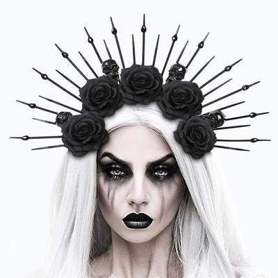 Halloween Black Rose Flower Skeleton Headband Day of The Dead Gothic Cosplay Headwear Party Women Goddess Halo Crown for Women