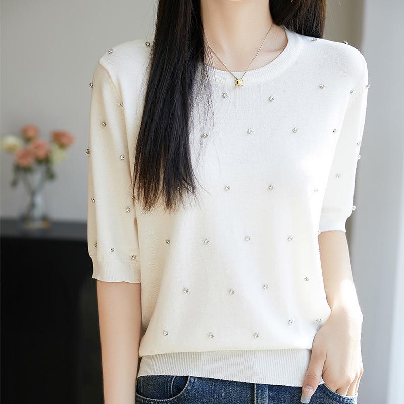 

Женский изогнутый круглый вырез, отделанный бисером, вязаный свитер - короткий рукав, летний топ высокого качества XL белый