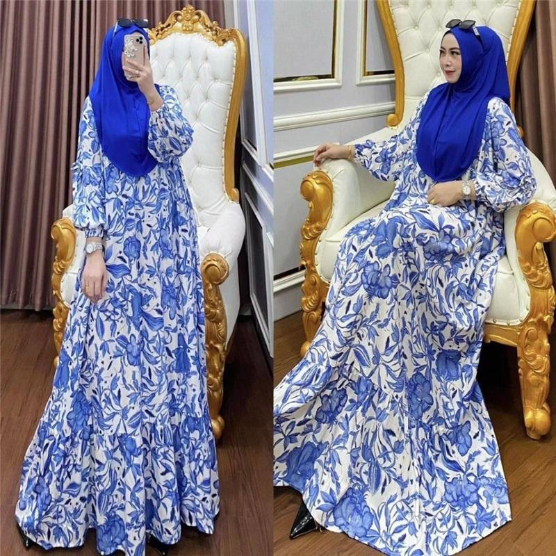 Muslim Floral Print Maxi Dress Women's Long Sleeve O-Neck Loose Abaya Casual Ramadan Kaftan For Middle East