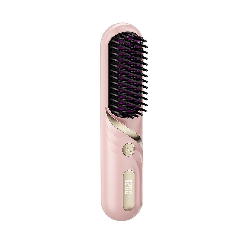 Rechargeable 2-in-1 Wireless Hair Straightening Comb: Curl & Straighten with Negative Ions, Portable, Smoothing, Mini Electric Styling Tool.