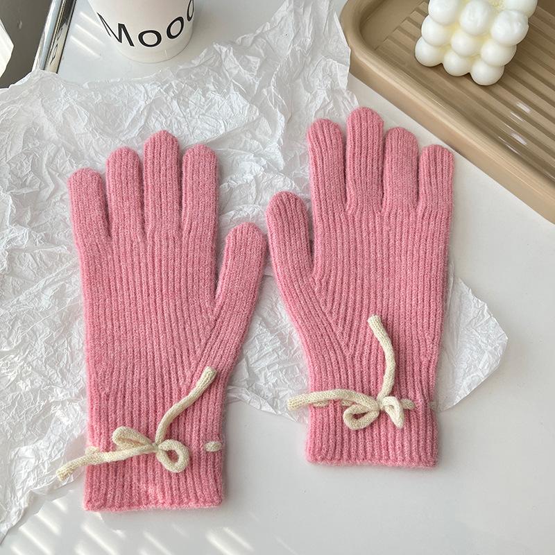 Autumn and Winter New Solid Color Cute Bow Korean Style Sweet Split Finger Touch Screen Student Cold Proof Warm Gloves