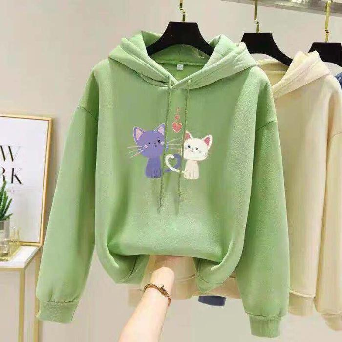 Korean Style Women's Fleece-Lined Hooded Sweatshirt, Plus Size, Loose Fit, Long-Sleeved, for Autumn and Winter.
