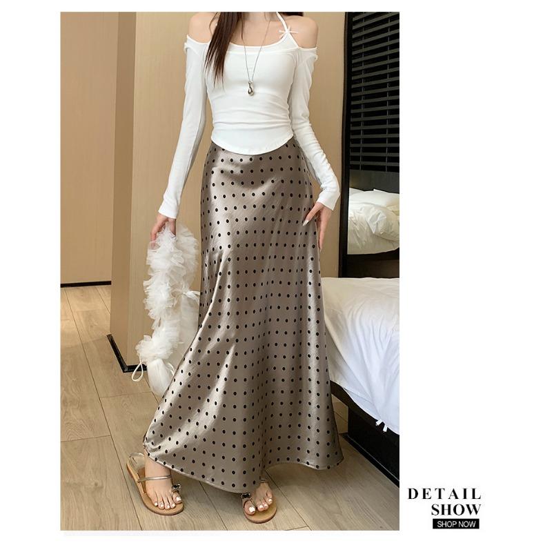 Moda Primavera Verano Elegante Estampado de Lunares Falda Larga Cintura Alta Suelta Ajustada a la Cadera Línea A Faldas de Fiesta Ropa Sencilla Casual para Señoras de Oficina
