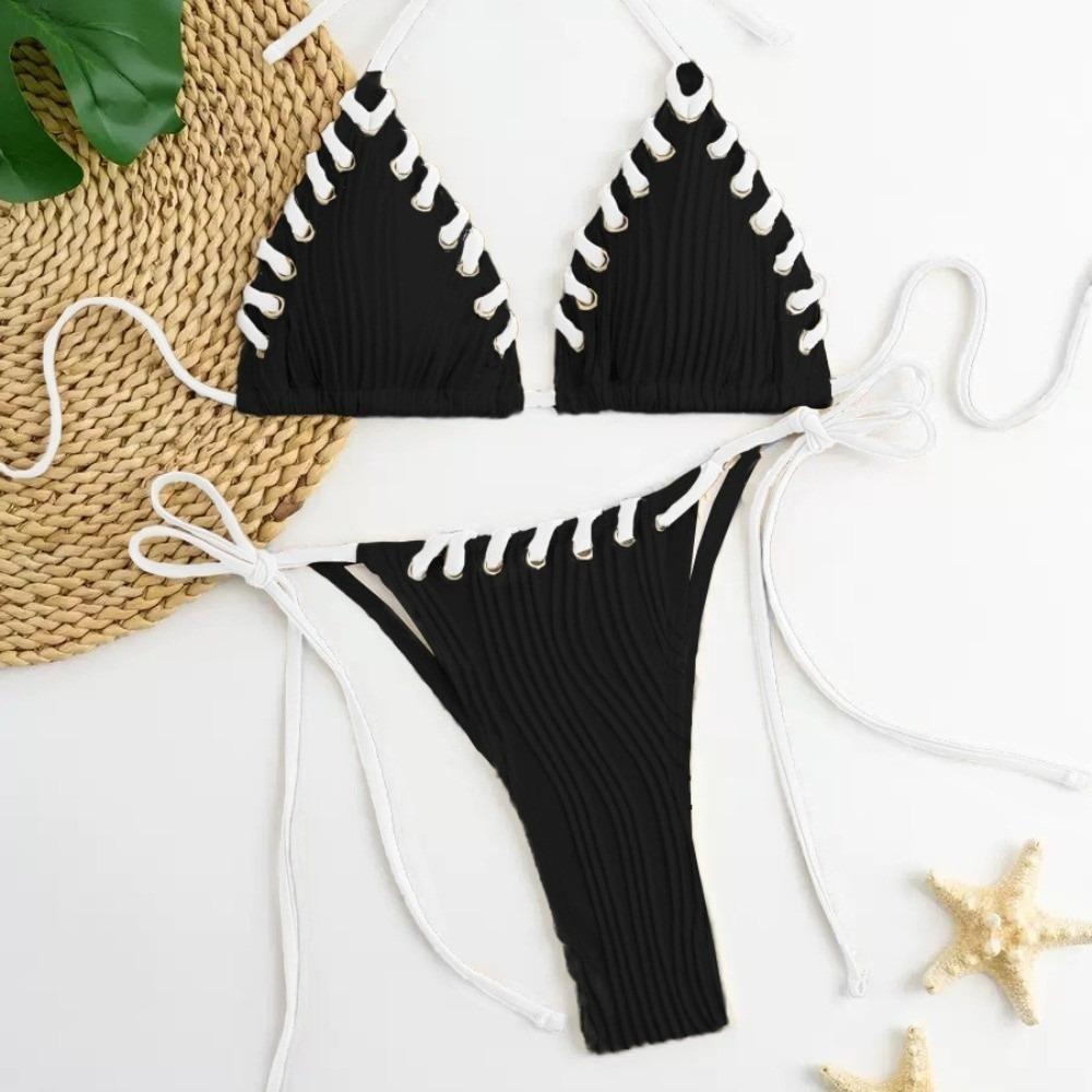 Lace Up Bikini Suit Ruffled Halter Neck Sling Swimsuit Fashion Swimwear Set  Swimming Pool