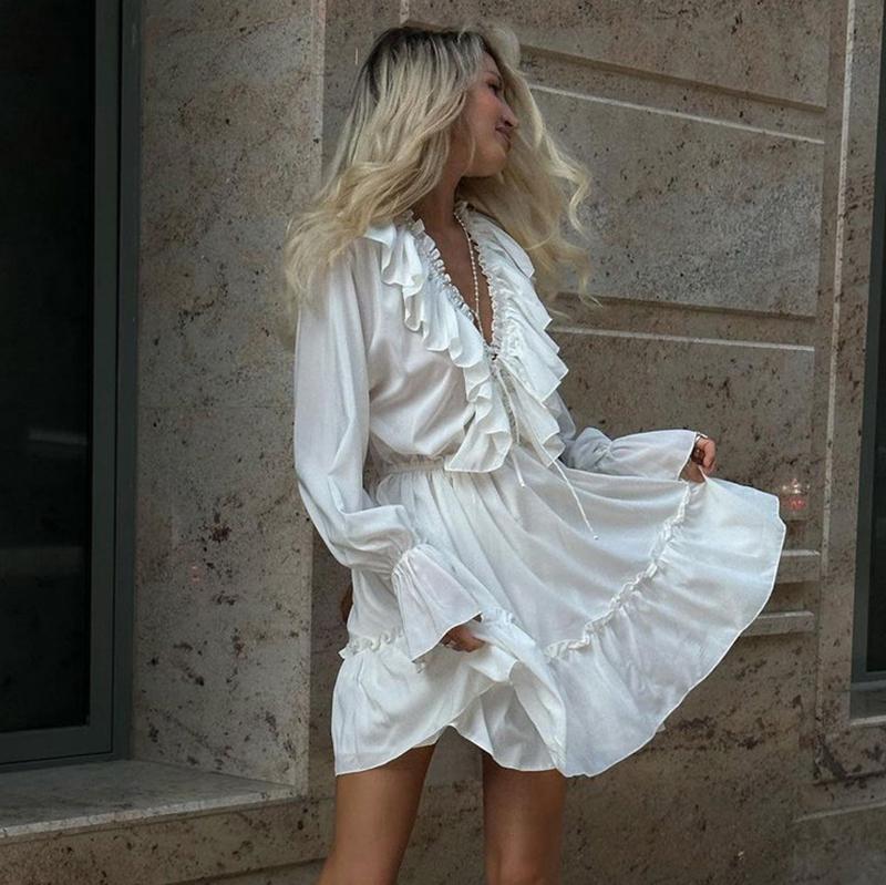 Bílé šaty s výstřihem do V, nadýchané, dámské, jaro/léto, elastický pásek, volánové rozšířené rukávy, střih do A, ležérní šaty