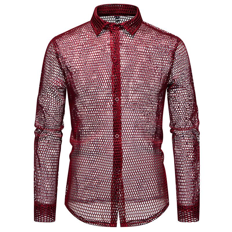 New Fashion Hollowed Out Design Men's Long Sleeve Shirt Personality Performance Shirts Male Nightclub Dance Perspective Shirt