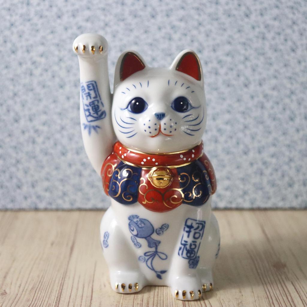 Yakushi Kiln Size Total Length Blue and White Porcelain Lucky Cat Lucky Maneki-neko (right-handed Raised, 4.5, 14.5cm) (with Sticker)