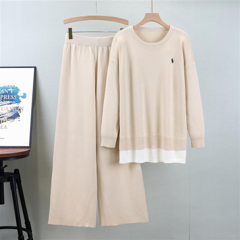 Autumn Women's Plus Size Fashion Casual Set Round Neck Loose Sweatshirt Wide Leg Pants Suit