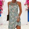 Women Plus Size Yellow Blue Floral Printed Criss Cross Cutout Neck Sleeveless Fitted Curved Hem Dress
