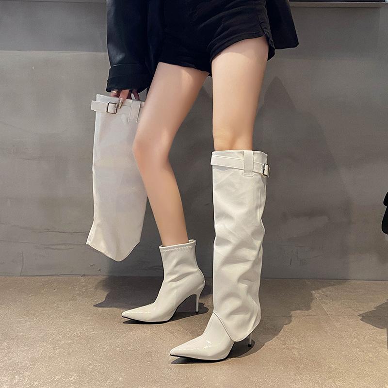 Wind pointed high heel patent leather glossy belt buckle high tube but knee boots knight boots women's Martin boots