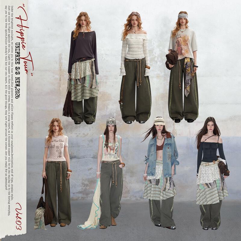 unifree 2026 Spring Retro Lace Wide-Leg Casual Pants with Belt