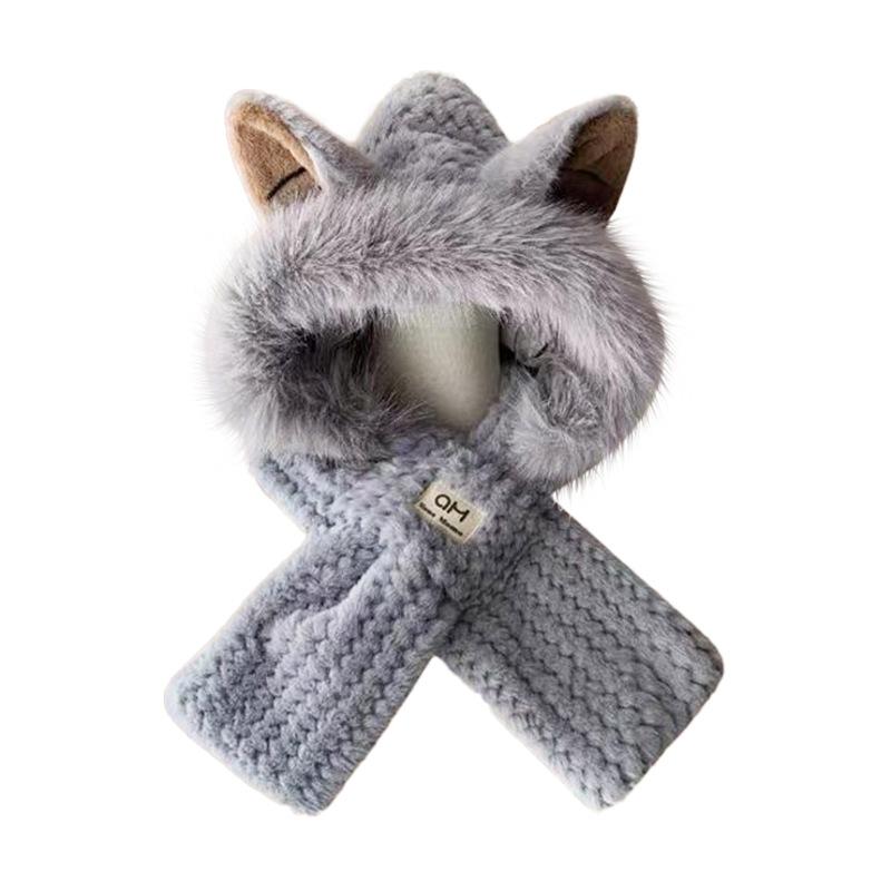 Winter Small Fox Ears Plush Hat Ladies Scarf One-piece Warm Padded Thickened Scarf