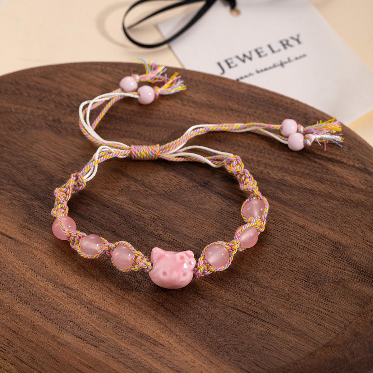 Милый и милый дофаминовый мультяшный Китти, розовый плетеный браслет ручной работы, нишевый, для пары, для девушки, с чувством дизайна, тканые украшения