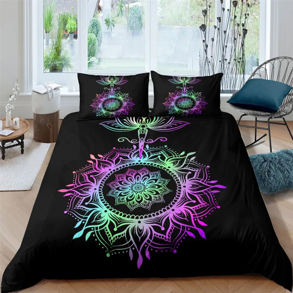 2/3dílná Sada na postel Bohemian Lotus Sada povlaku na přikrývku Mandala Květinový povlak na přikrývku Pro dospělé Černá Polyesterová sada ložního prádla Queen King Twin Pro teenagery