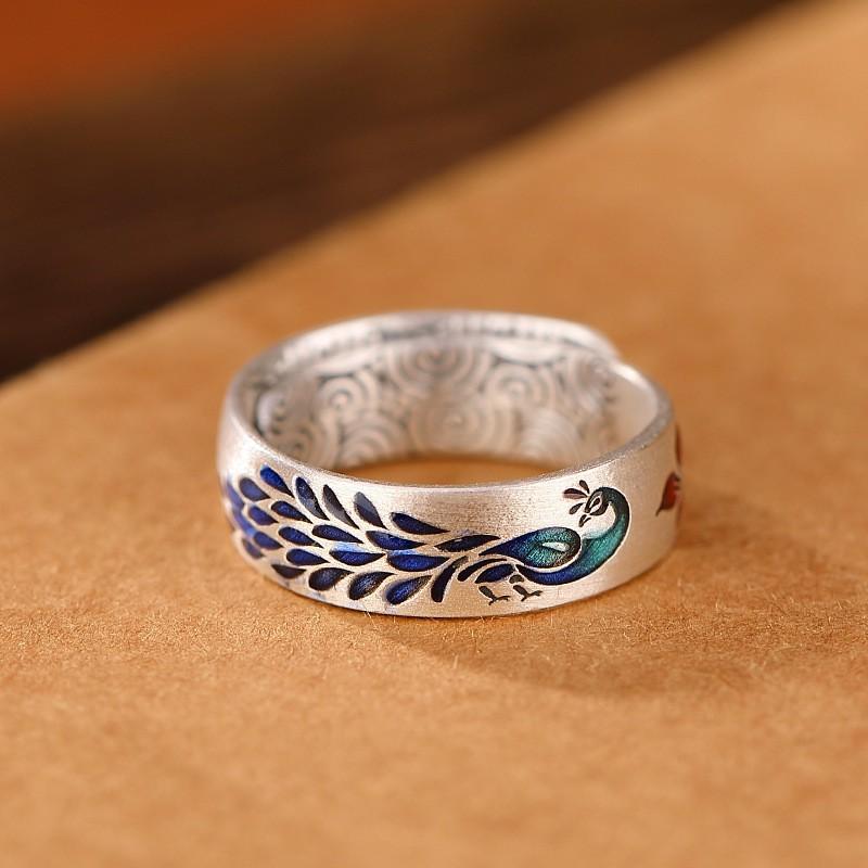 Adjustable Open Ring With Peacock Lotus Cloud Motif Vintage Style Copper Jewelry Men Women