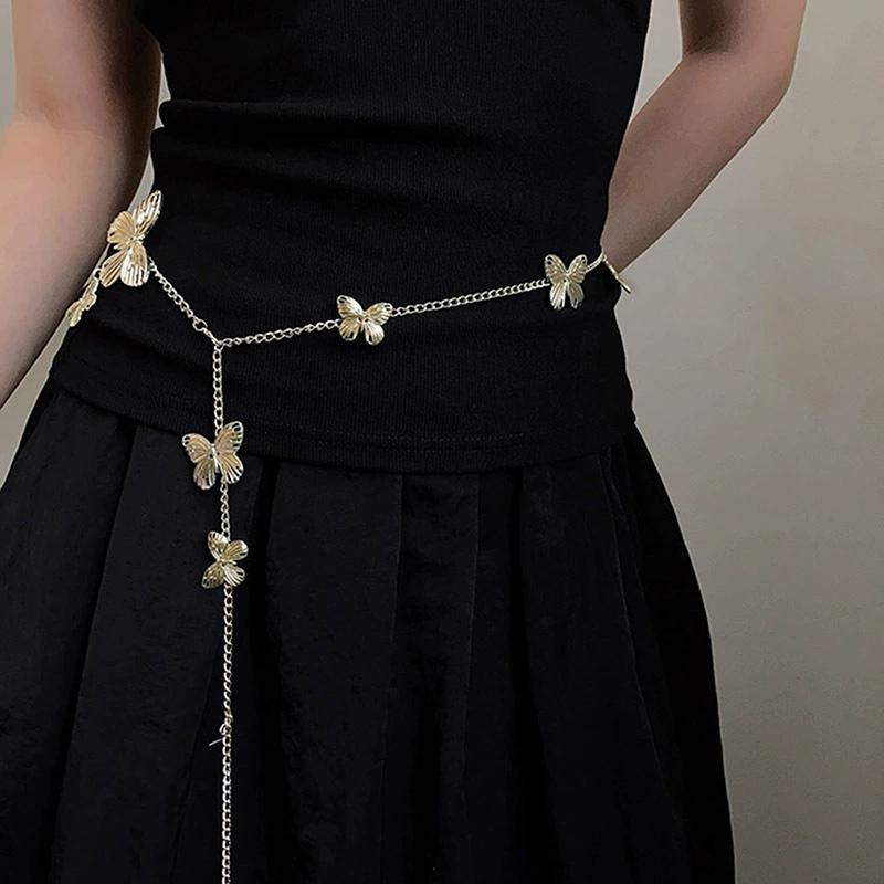 Exquisite Gold Color Butterfly Waist Chain For Women Vintage Metal Long Tassel Belt Lady Body Chains Y2K Jewelry Accessories