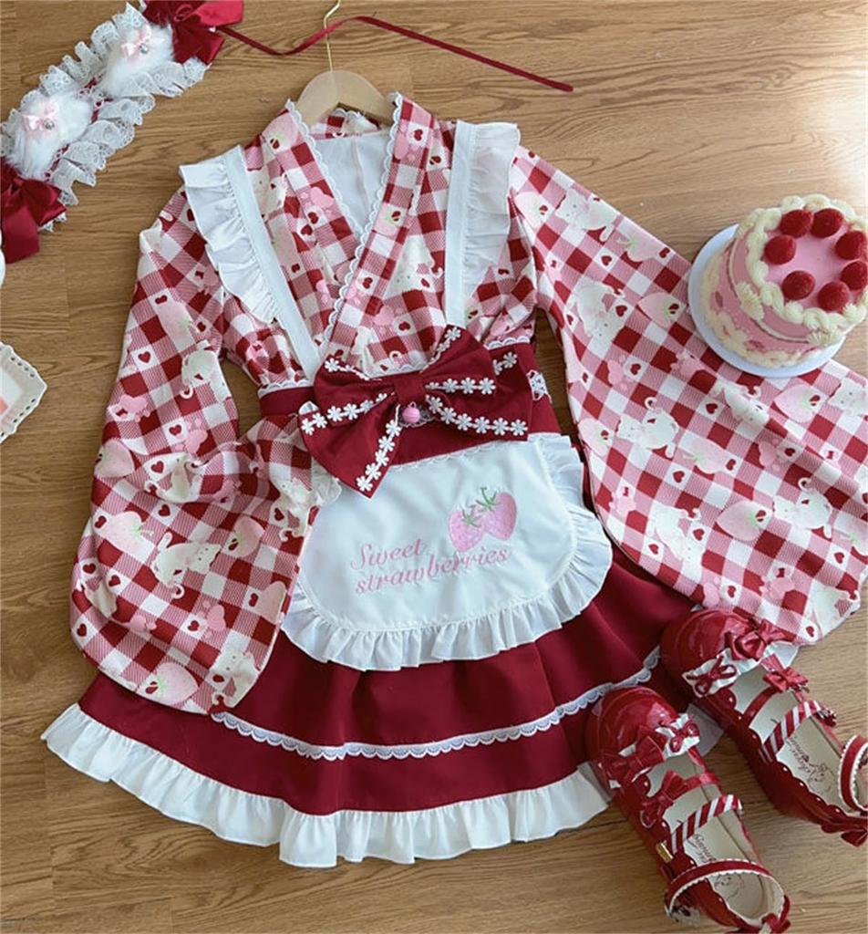 CAWILXHA Lolita Cosplay Princess Long Mori Dreamy Halloween Costume Red Dress, Costume, Red, Yellow, Purple, Sleeves, Sleeves, Girl, Cute, Apron,