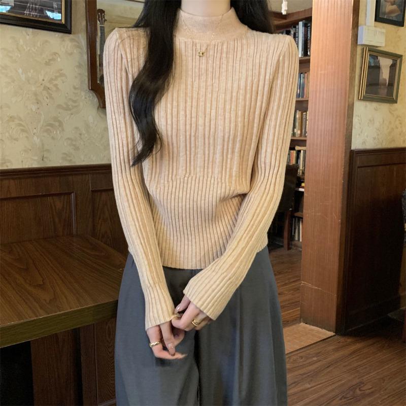 Semi-turtleneck knitted sweater women's spring simple pit strip gentle wind bottoming shirt front shoulder top inside