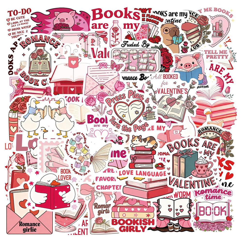 10/30/50pcs Pink Valentine's Day Bookish Stickers Kawaii Cartoon Reading Animal Sticker Laptop Scrapbooking Phone Decals Packing