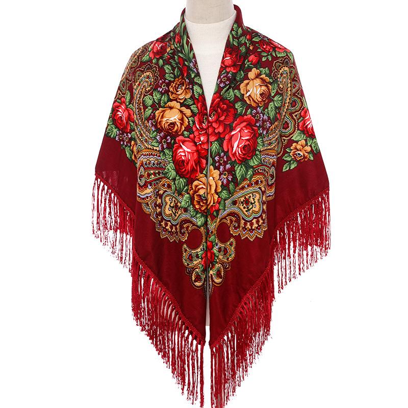 135*135cm Women Russian Style Big Square Scarf Shawl Retro Fringed Cotton Print Scarves Hijab Wraps Ethnic Shawls Bandana