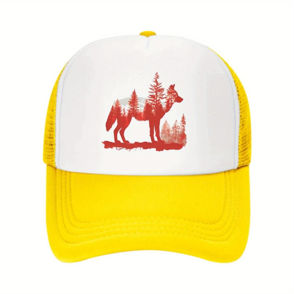 Wolf Forest Silhouette Print Trucker Hat Casual Adjustable Baseball Cap Outdoor Sun Protection