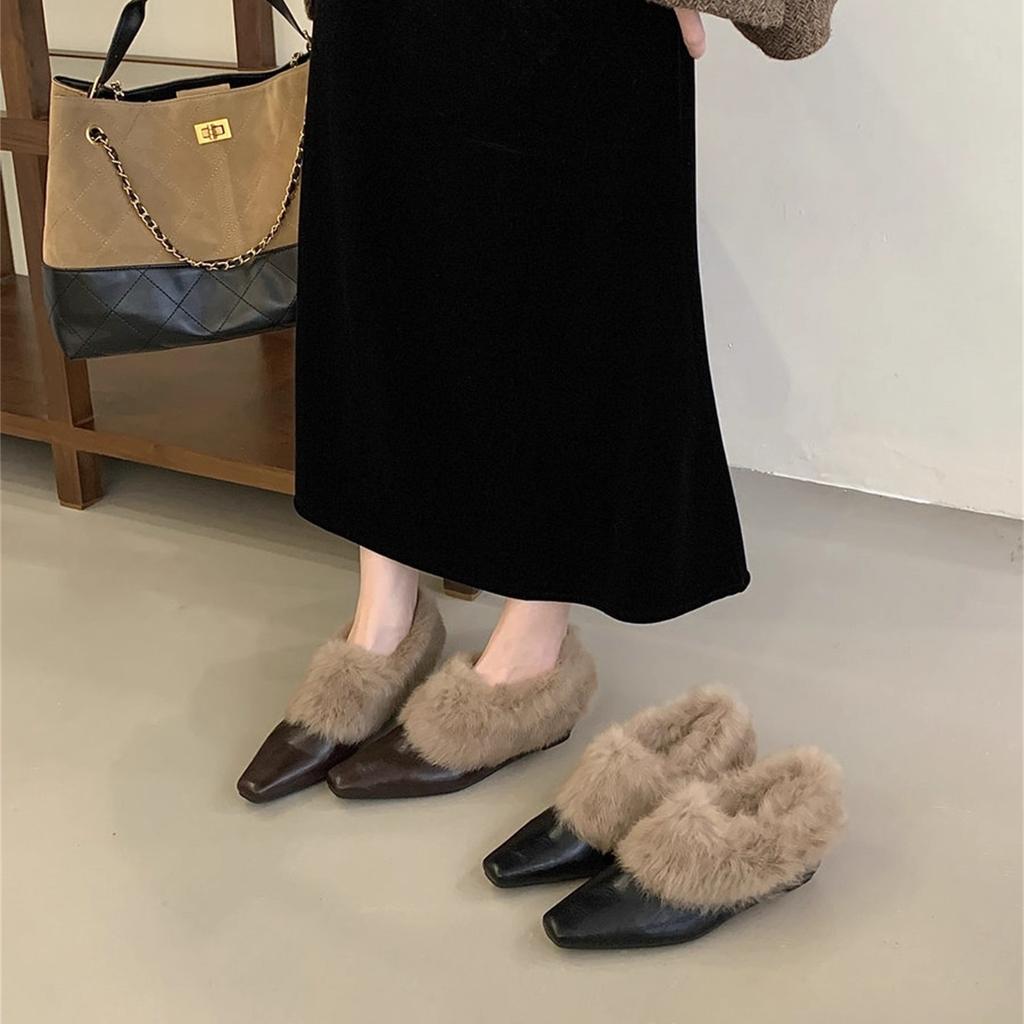 Winter simple square head thick heel fluffy shoes women's comfortable one-pedal elegant lazy shoes shallow single shoes