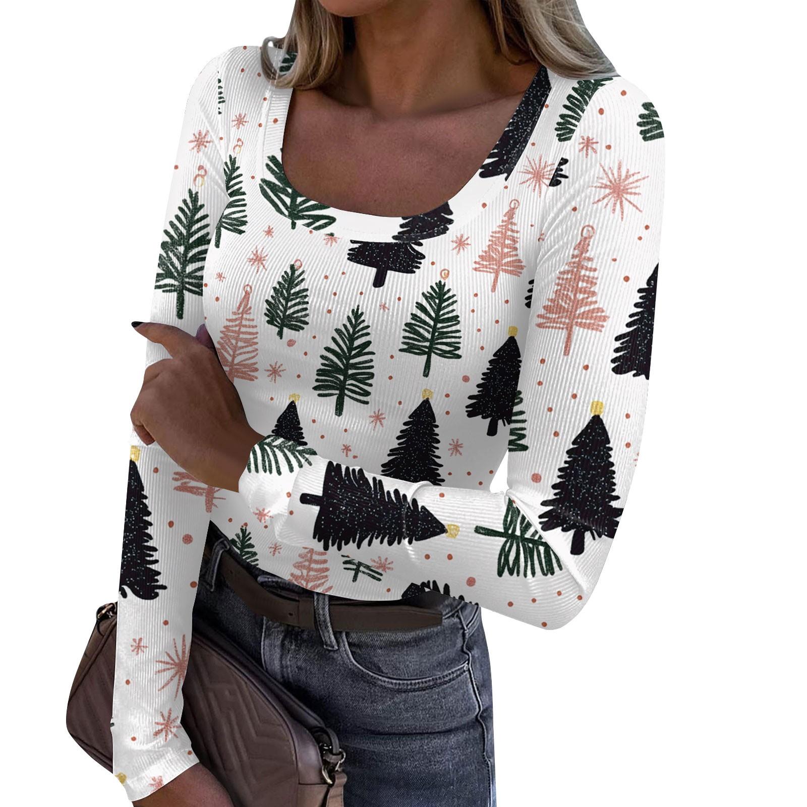 

Женская модная футболка с тонким низом, рождественский принт, пуловер с U-образным вырезом и длинными рукавами S белый