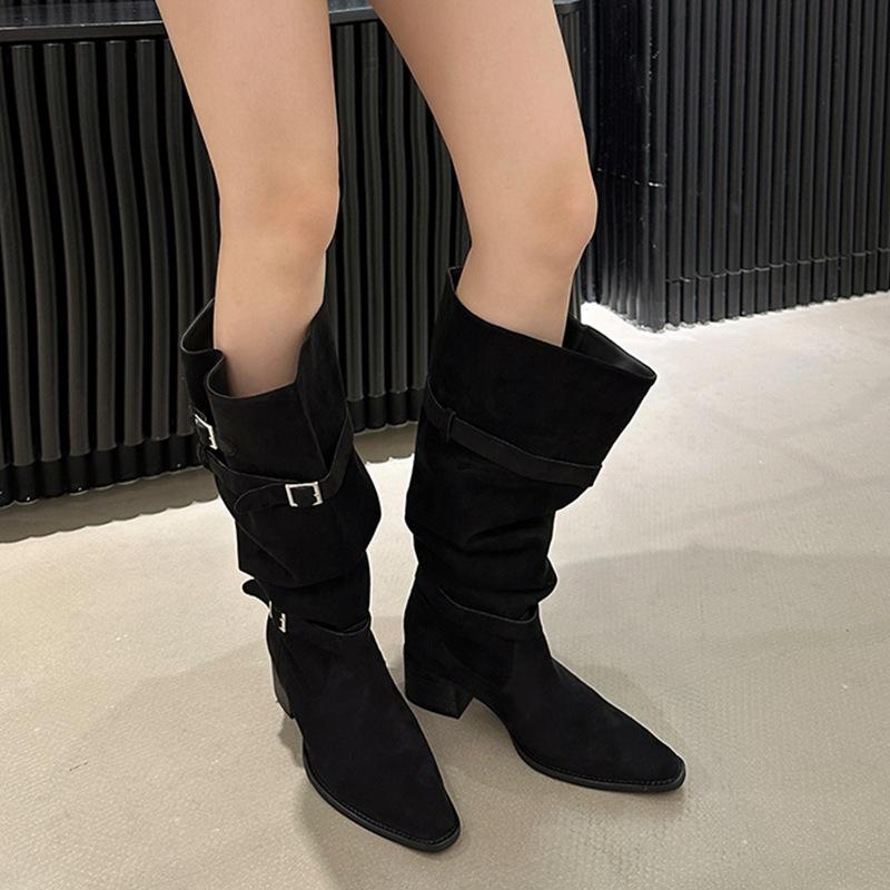Boots women's 2025 autumn and winter new large tube circumference pleated piling boots suede thick heel boots but knee women's boots