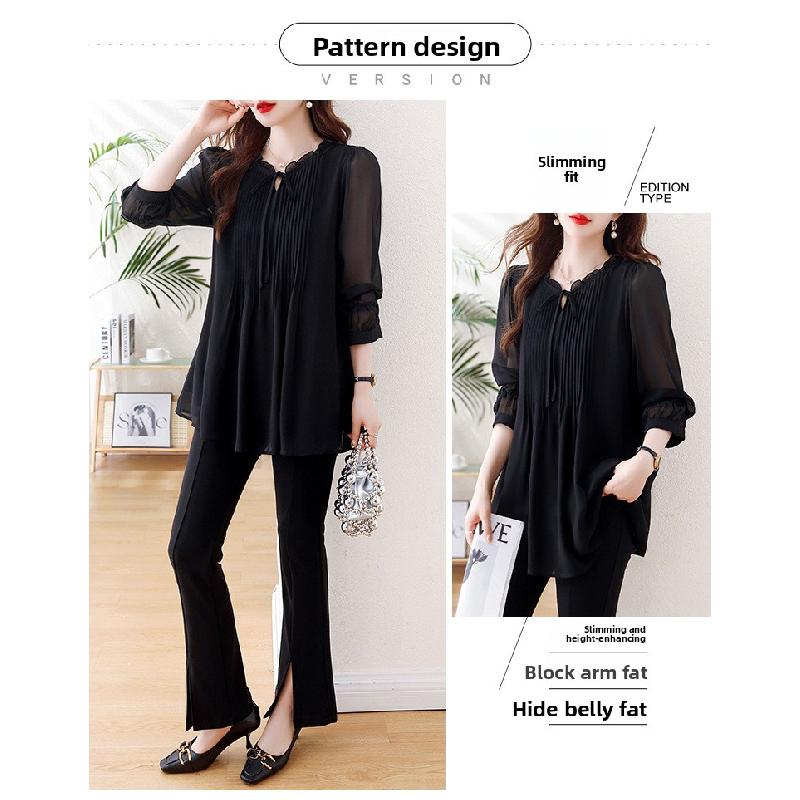 2026 Spring and Autumn New Large Size Tummy-Covering Slimming Top with Stylish Design, Chiffon Long-Sleeve Women's Top