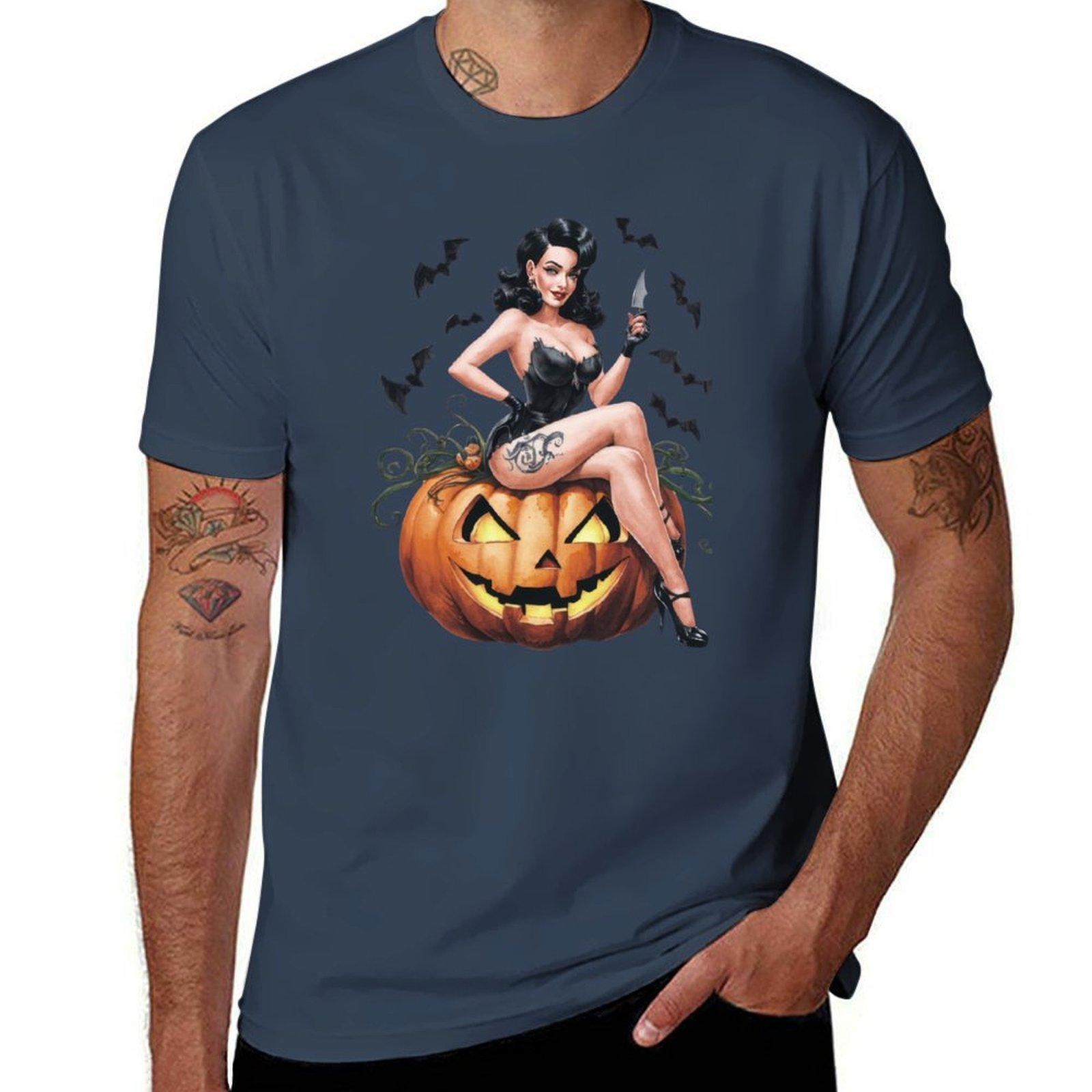 Cute Unisex Pumpkin Halloween Pinup Tshirt Plus Size All Match Tee Shirt S