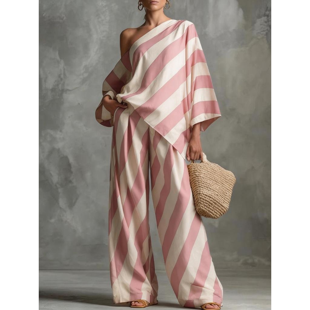 Women's One Shoulder Three Quarter Sleeve Loose Striped Print Top Wide Leg Pants Two Piece Casual Outfit