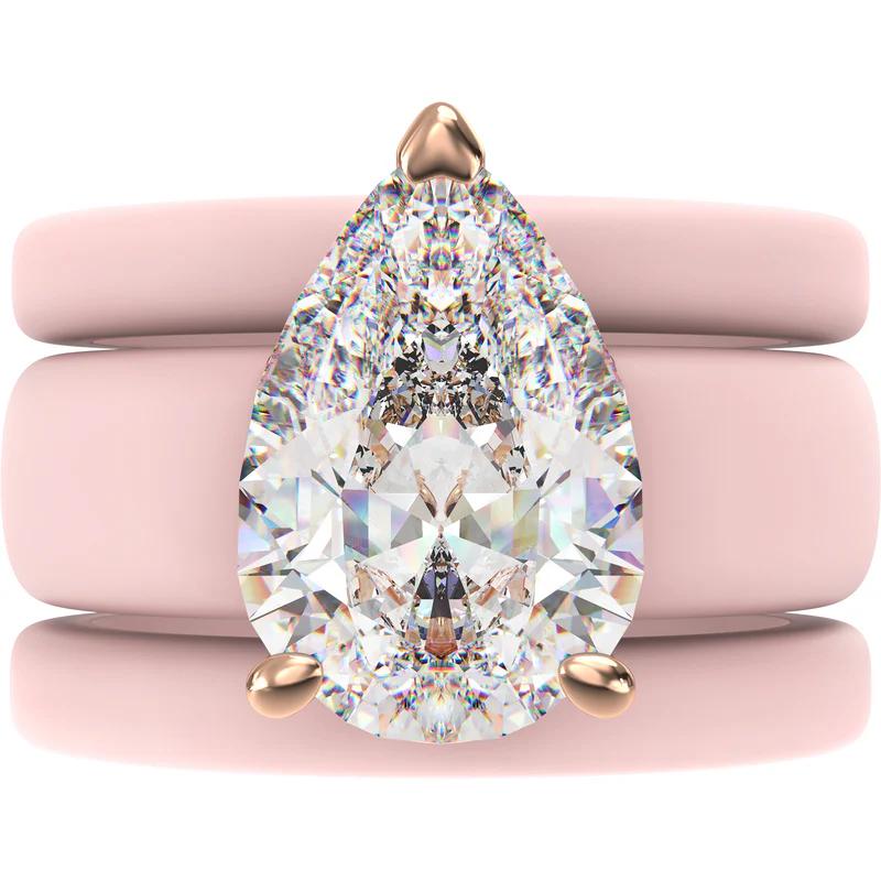 Pastel Pink 3 Stacked Silicone Ring Pear Shape Cubic Zirconia Rose Gold Prong Rubber Wedding Rings For Female