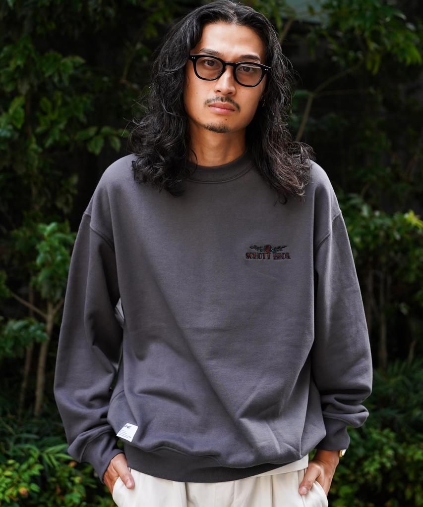 Schott SHAKE HAND DRAGON Crew Neck Sweatshirt, Men's, Size M, 410, Charcoal, 782-4232016