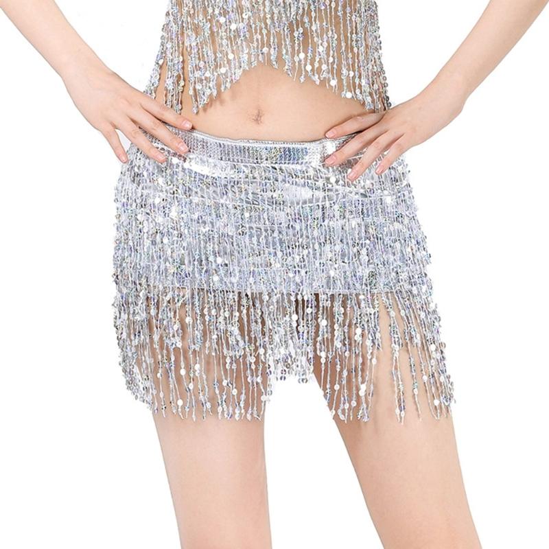 Sequins Wrap Skirt Belly Dance Hip Scarf Wrap Sparkles Mini Skirt Raves Festival Outfit Halloween Costume for Women Girls