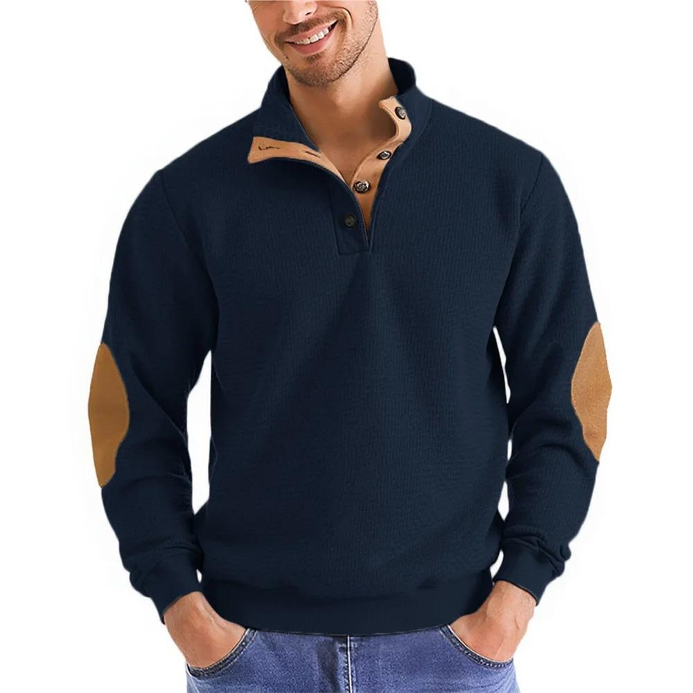 Men's Autumn Winter Casual Long Sleeve Color Block Sweatshirt with Leather Elbow Patches and Button Collar for Sports and Streetwear