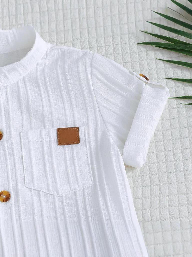 Boys' White Stripe Short-Sleeve Shirt & Khaki Shorts Set (2025 Spring/Summer Collection)
