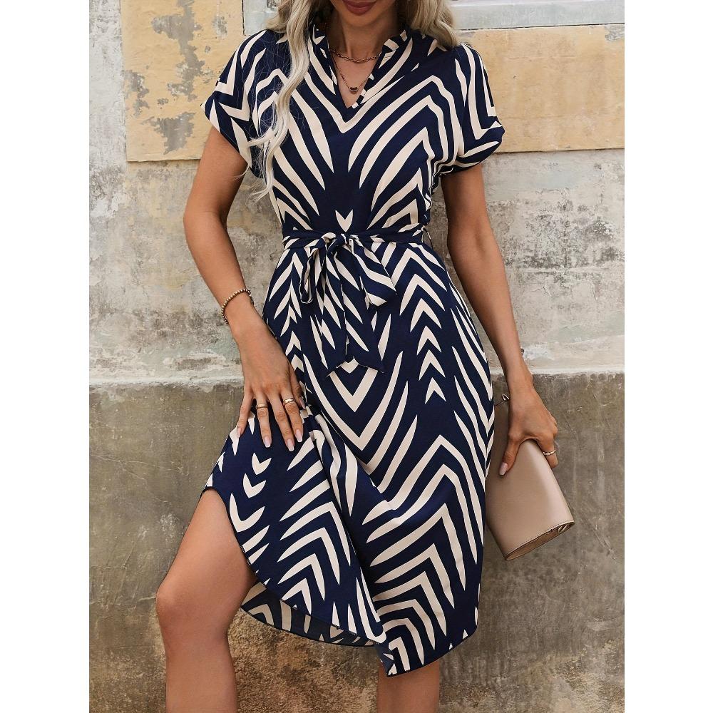 women s Geometric Print Belted Midi Dress V Neck Short Sleeve Casual A Line Dress S тёмно-синий